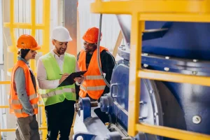 three-people-discussing-plan-factory